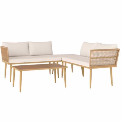 Ensemble salon de jardin 5 places modulables avec table basse et coussins résine tressée filaire beige