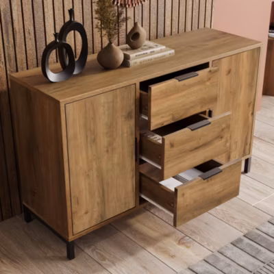 Buffet – Meuble de Rangement avec 2 Portes et 3 Tiroirs, Bois Massif, Marron, 120x40x76 cm