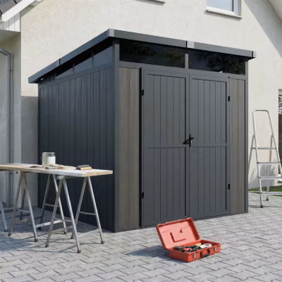 Abri de Jardin Bois Composite 4m2 Gris 237x223x227cm EVORA – Cabane a Outils – Local a Vélo