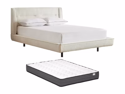 Lit 140 x 190 cm – Tissu bouclette – Beige + Matelas – ISYDE