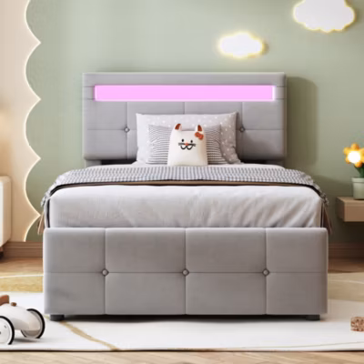 Canapé-lit 90×200 cm avec coffre hydraulique, LED intégrées et tête de lit réglable en velours gris