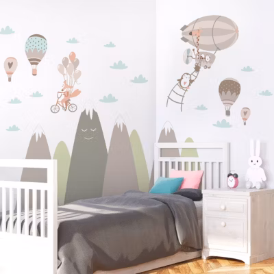 Stickers enfant montagnes scandinaves animaux drôles 120 x 180 cm