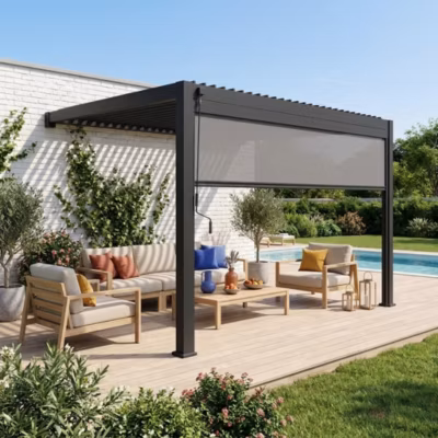 Pergola bioclimatique aluminium adossée 4x3m + 1 store 4m anthracite Triomphe