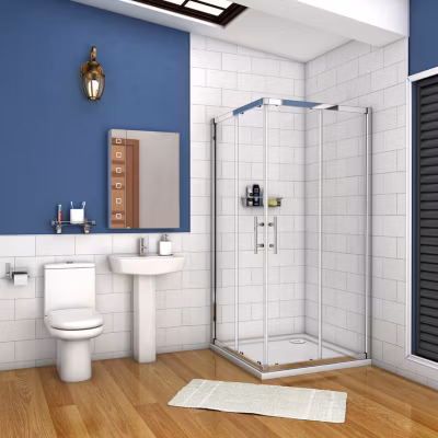 Cabine de douche coulissante – Verre anticalcaire 6 mm – Accès par angle – Poignée en acier inox chromé – 120x90x195 cm