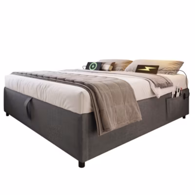 Lit 160×200 cm sommier relevable avec coffre de rangement, tapissé lin-coton, sans tête de lit, gris