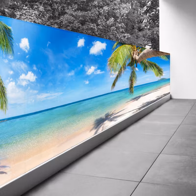 Brise vue Trompe l&rsquo;oeil – 110×467 cm – Plage mer palmiers 3617689695822