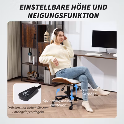 Chaise de bureau réglable avec roulettes, revêtement simili cuir blanc avec matelassage diamant, pivotante avec fonction bascule