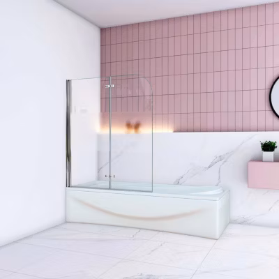 Pare baignoire Chrome au angle arrondis pivotant 180 degrés L100xH140cm, 6mm verre anticalcaire avec bande central dépoli