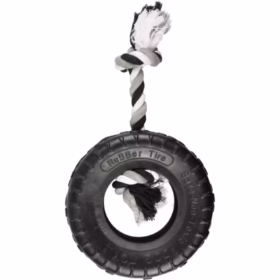 jeux caoutchouc gladiator pneu et corde 20 cm noir pour chien