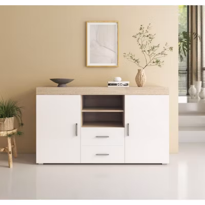 Buffet bas moderne – Mélamine blanche/sonoma – 2 portes 2 tiroirs – 140x80x40 cm