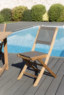 Lot de 2 chaises de jardin pliantes teck et textilène taupe