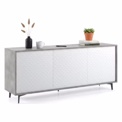 Buffet Fresia, Buffet avec 3 portes et 1 étagère réglable, Buffet de salon élégant, Meuble TV, 184x45h77 cm, Blanc et Ciment