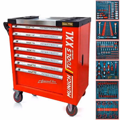 Servante d&rsquo;Atelier MUNICH TOOLS XXL Cabinet 7/6 Rouge, sur 4 roulettes 7 tiroirs dont 6 outillés – 1 placard Latéral, Clé Dynamo