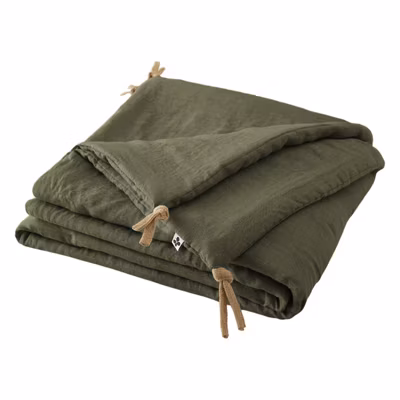 Édredon 90 x 200 cm lin lavé vert avec 4 nouettes en jute – LUISA