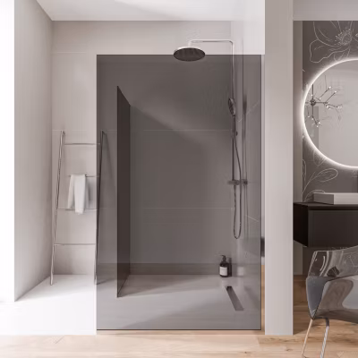 2 Parois de douche italienne d&rsquo;angle 140x200cm + 100cm, verre fumé NANO 10mm, profilé mural + sol inox chrome – EX102