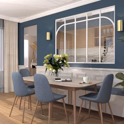 Verrière aluminium 5 vitrages clair, 2 arches et 3 traverses horizontales décorative – Blanc