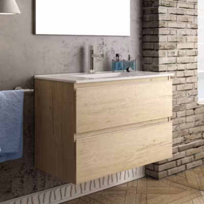 Meuble sous vasque seul, 2 tiroirs, 60cm, simple vasque – bambou (chêne clair) – BALEA