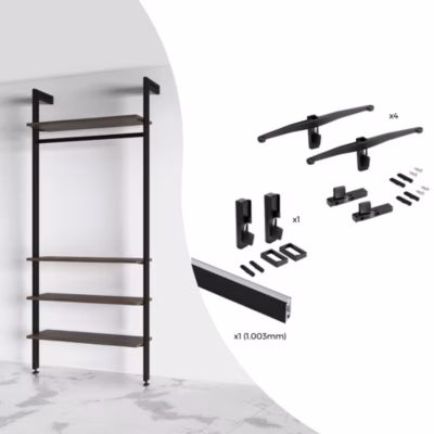 Emuca Kit de fixation pour 4 étagères en bois et 1 tringle de suspension de 1m de long Noir, Aluminium et Zamak et Plastique,