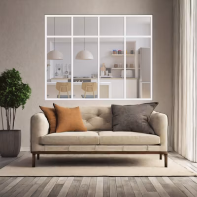 Verrière 4 sections avec imposte – L x H : 135 x 110 cm – Laqué blanc 9003 granité – vitrages inclus