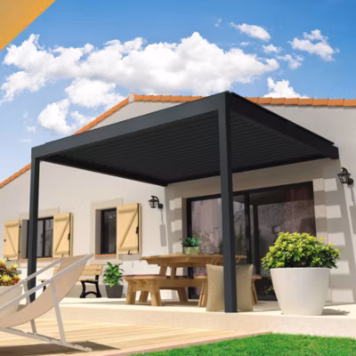 Pergola bioclimatique LOLITE 4,00×4,613 M Vérin à Télécommande + LED (Gris anthracite RAL7016)