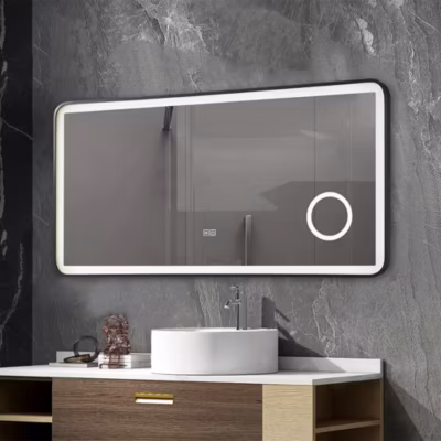 Miroir salle de bain LED 90x60cm anti buée avec cadre en aluminium noir et loupe x3 LB-4685B