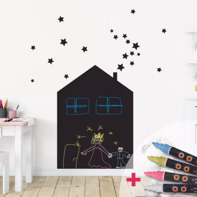 Sticker ardoise tableau noir – stickers muraux adhésif effaçable – MAISON ET 20 ÉTOILES + 4 CRAIES LIQUIDES – 45x35cm