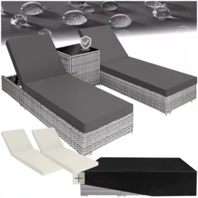 Bains de soleil luxueux en rotin et aluminium, int./ext., avec coussins et table, 184x60x21 cm