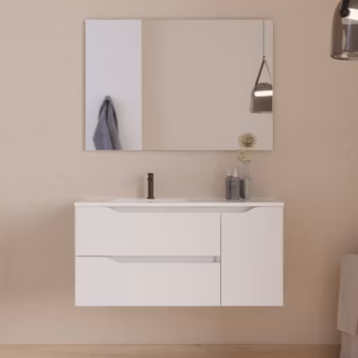 Meuble de salle de bain 100cm avec vasque  à gauche et miroir – 2 tiroirs et 1 placard – blanc – ZARZA
