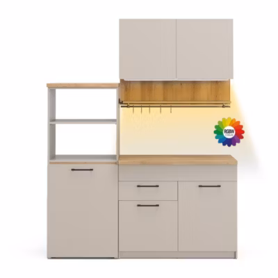 Vicco Cuisine Grège 160cm avec table extensible avec bande LED