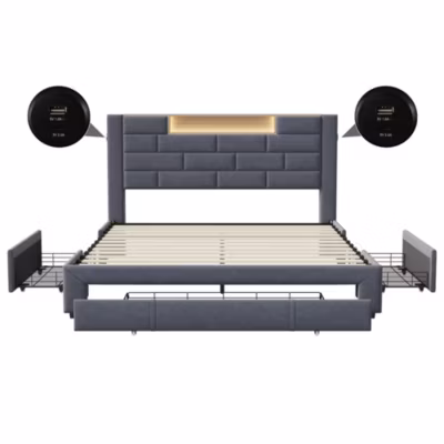 Lit double 140x200cm – cadre de lit en velours avec 3 tiroirs, sommier à lattes et tête de lit LED avec port USB/C – Gris