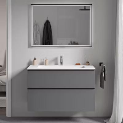 Meuble vasque suspendu MDF Anthracite mat, lavabo fonte Blanc mat + trou robinet, poignée Noir mat – 100x46x62cm – LAVOA