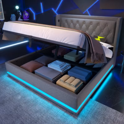 Canapé-lit 160×200 cm avec coffre hydraulique, tête capitonnée, ports USB Type-C et revêtement coton gris