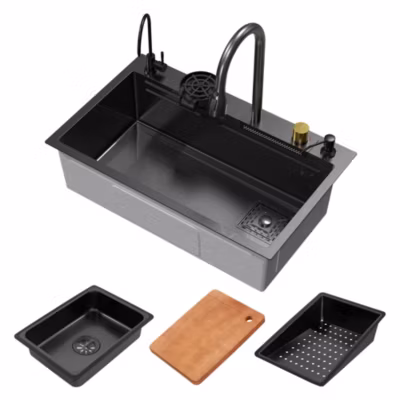 Évier de cuisine encasté multifonctions robinet douchette 75×46 cm anthracite