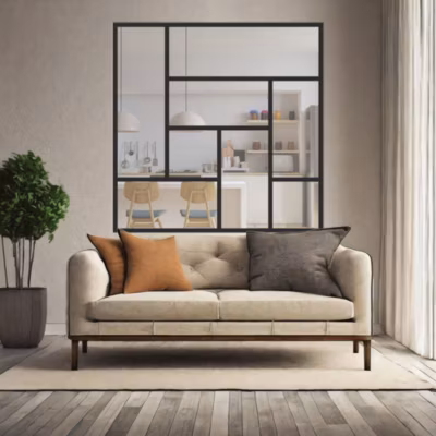 Verrière ArtDéco 8 – L x H : 150 x 150 cm – Laqué noir 9005 granité – vitrages inclus