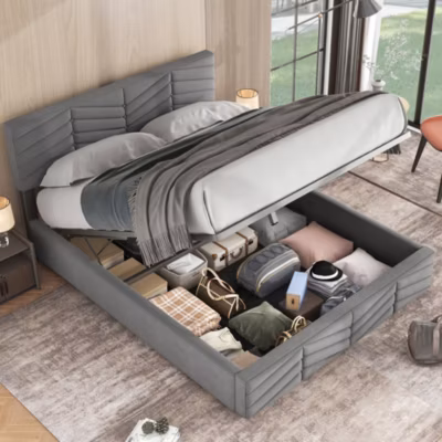 Lit coffre 140×190 cm – Lit Double Capitonné avec Tête de Lit Réglable – Velours – Sans Matelas – Gris