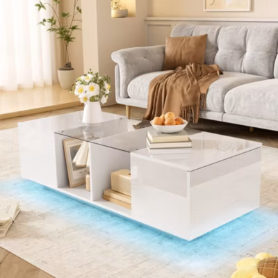 Table Basse de Salon, Portes et Étagère en Verre, LED Multicolore Intégré, Grande Capacité de Rangement, Blanc 120x50x38,5 cm