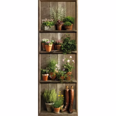 Sticker mural décoratif 175 cm X 60 cm pour porte, photo rustique avec pot de fleurs et bottes anciennes, décoration d&rsquo;étagère.