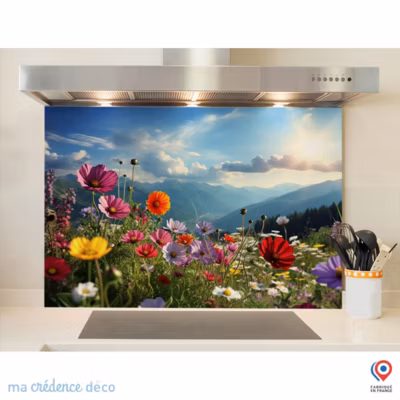 Crédence cuisine fond de hotte fleurs et montagnes – Verre trempé – L 70 cm x H 60 cm – MaCrédenceDéco