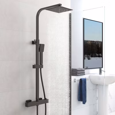 AICA colonne de douche thermostatique noir mat avec douche de tête carrée 20X20cm, réglable en hauteur 730-1150mm