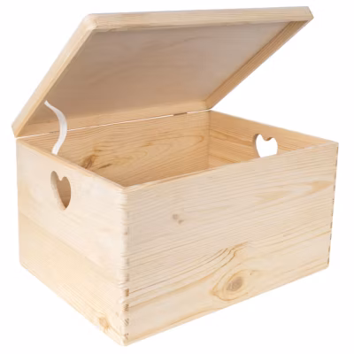 Creative Deco Boite de Rangement en Bois Naturel 40 x 30 x 24 cm (+/-1cm) – Poignées Forme de Cœur – Documents, Jouets et Outils