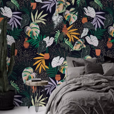 Papier peint botanique avec des feuilles d&rsquo;alocasia et des palmiers – 85×260 cm (l x h)