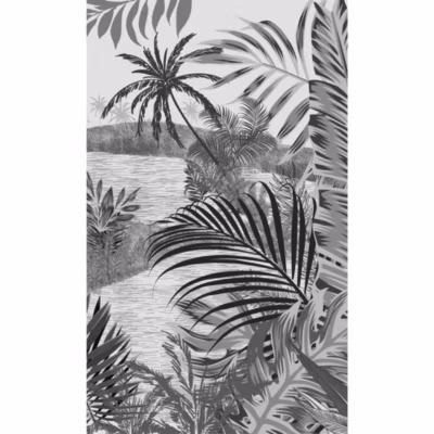 Papier peint intissé 250 cm X 150 cm, Rivière et Forêt Tropicale, Noir et Gris Foncé, Décoration Murale Intérieure.
