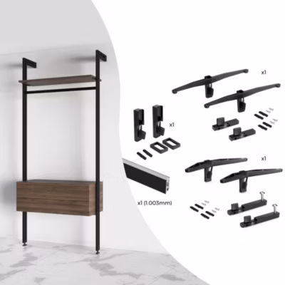 Emuca Kit de fixation pour 1 étagère en bois, 1 module et 1 tringle de suspension, longueur 1m Zero, Zamak, Peint en noir texturé