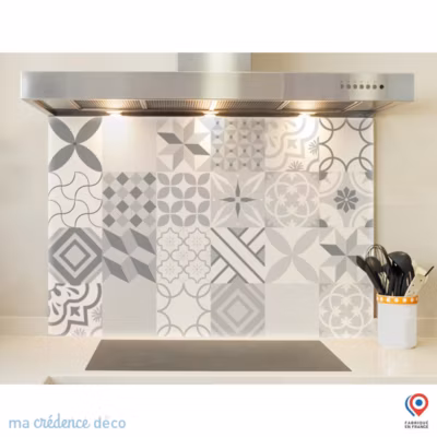 Crédence cuisine fond de hotte Carreaux ciment gris – Verre trempé – L 70 cm x H 60 cm – MaCrédenceDéco