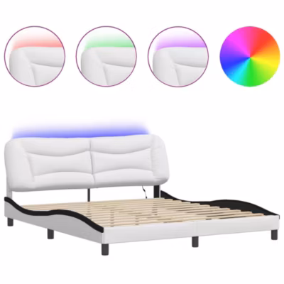 Lit double, Lit adulte, Cadre de lit avec LED sans matelas Hvar blanc et noir 180×200 cm