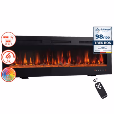 KAMINIO Cheminée électrique MARLON – Cheminée 3-en-1 avec chauffage, effet de flamme 3D, 12 couleurs de flammes – 60 pouces