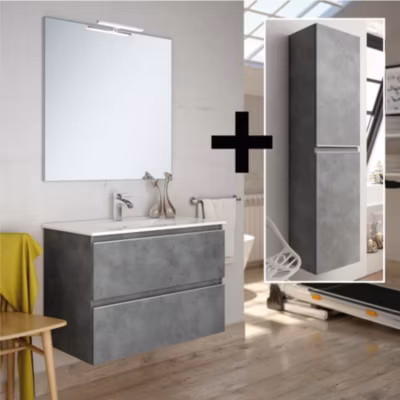 Ensemble meuble de salle de bain 80cm simple vasque + colonne de rangement – BALEA – ciment (gris)