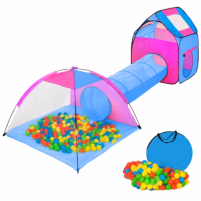 Tente de jeux enfants avec tunnels, igloo, 200 balles et toit amovible bleu