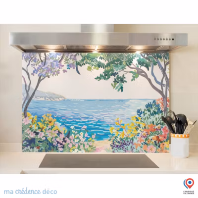 Crédence cuisine fond de hotte fleur, mer et dessin coloré – Verre trempé – L 60 cm x H 45 cm – MaCrédenceDéco