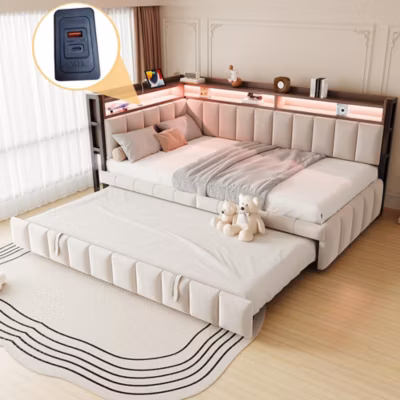 Canapé-lit velours 90×200 cm, lit gigogne, LED, USB/Type-C, rangement – beige